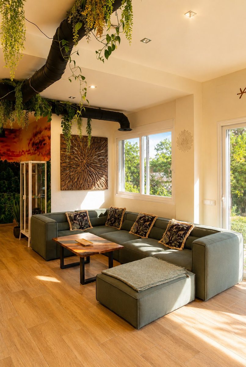 Cannabliss Marbella indoor lounge with green sofa and jungle ceiling